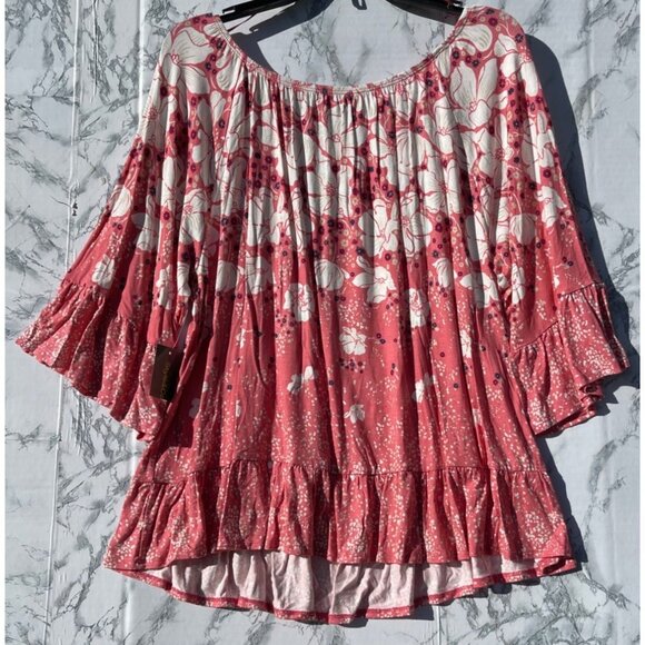 Style & Co Womens Floral Bell Sleeve Top XL Dot Pink Rayon/Spandex - Picture 2 of 9